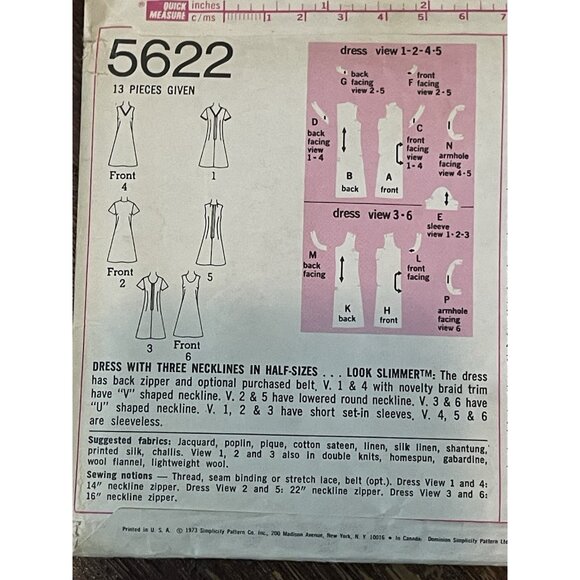 Simplicity 5622 Look Slimmer Pattern Vintage 1970s Misses Dress Size 20.5 UNCUT - Picture 3 of 4
